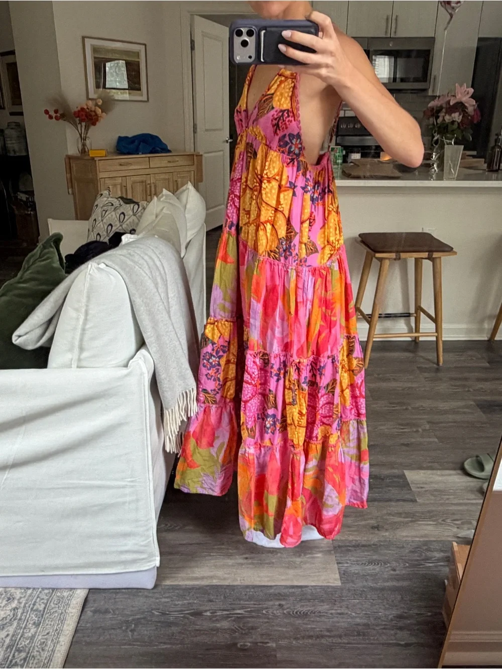 FARM Rio Pink and Orange Floral Tiered Maxi Dress
